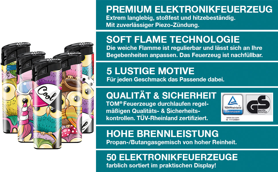 Elektro Feuerzeuge 50 Stück im Set Gasfeuerzeug Eule Nachfüllbar