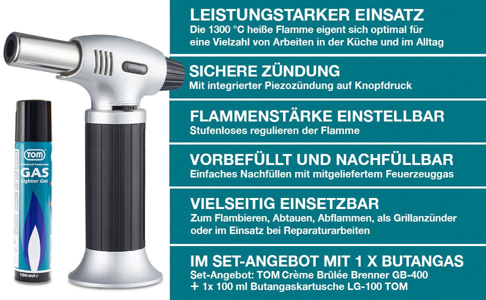 Creme Brulee Brenner inkl. 1 x 100 ml Gas Kartusche Bunsenbrenner Küchenbrenner Küche