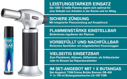 Creme Brulee Brenner inkl. 1 x 100 ml Gas Kartusche Bunsenbrenner Küchenbrenner Küche