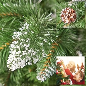 Künstlicher Weihnachtsbaum Nadeln mit Deko Schnee & echten Tannen Zapfen 180cm 03