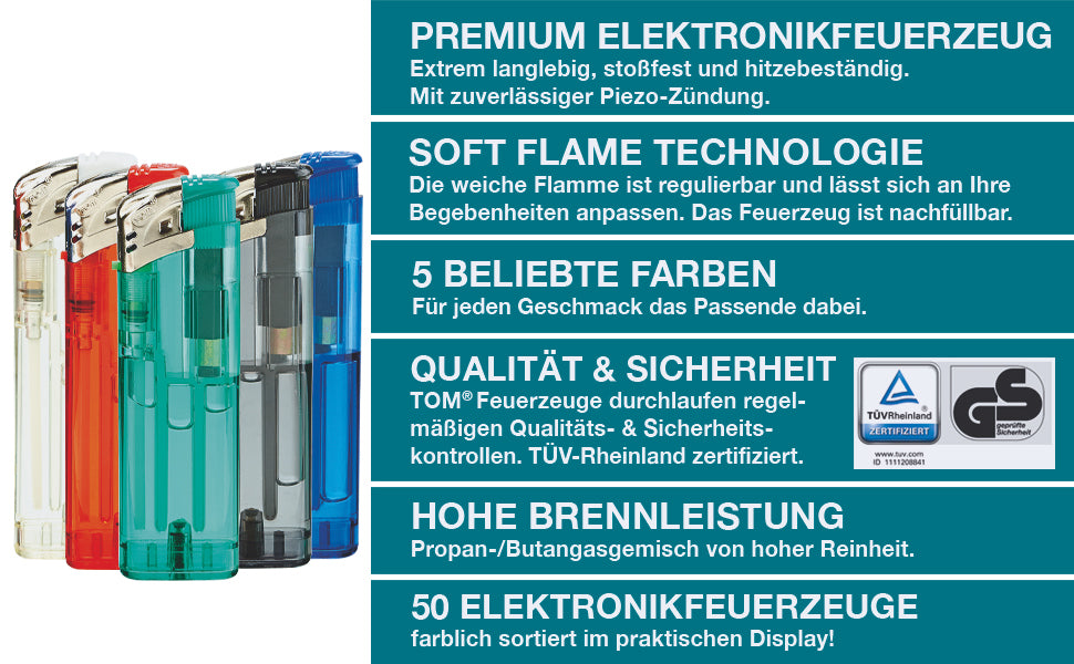 50 Elektro-Feuerzeuge mit Gas befüllt 5 Farben Elektronik Feuerzeug Gasfeuerzeug
