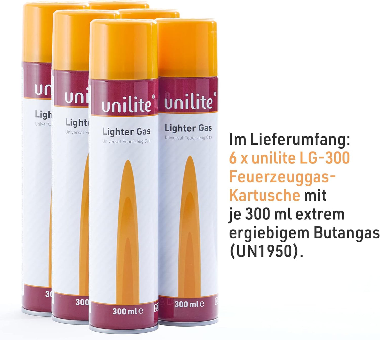 6 Dosen LG-300 UNILITE Feuerzeug Gas