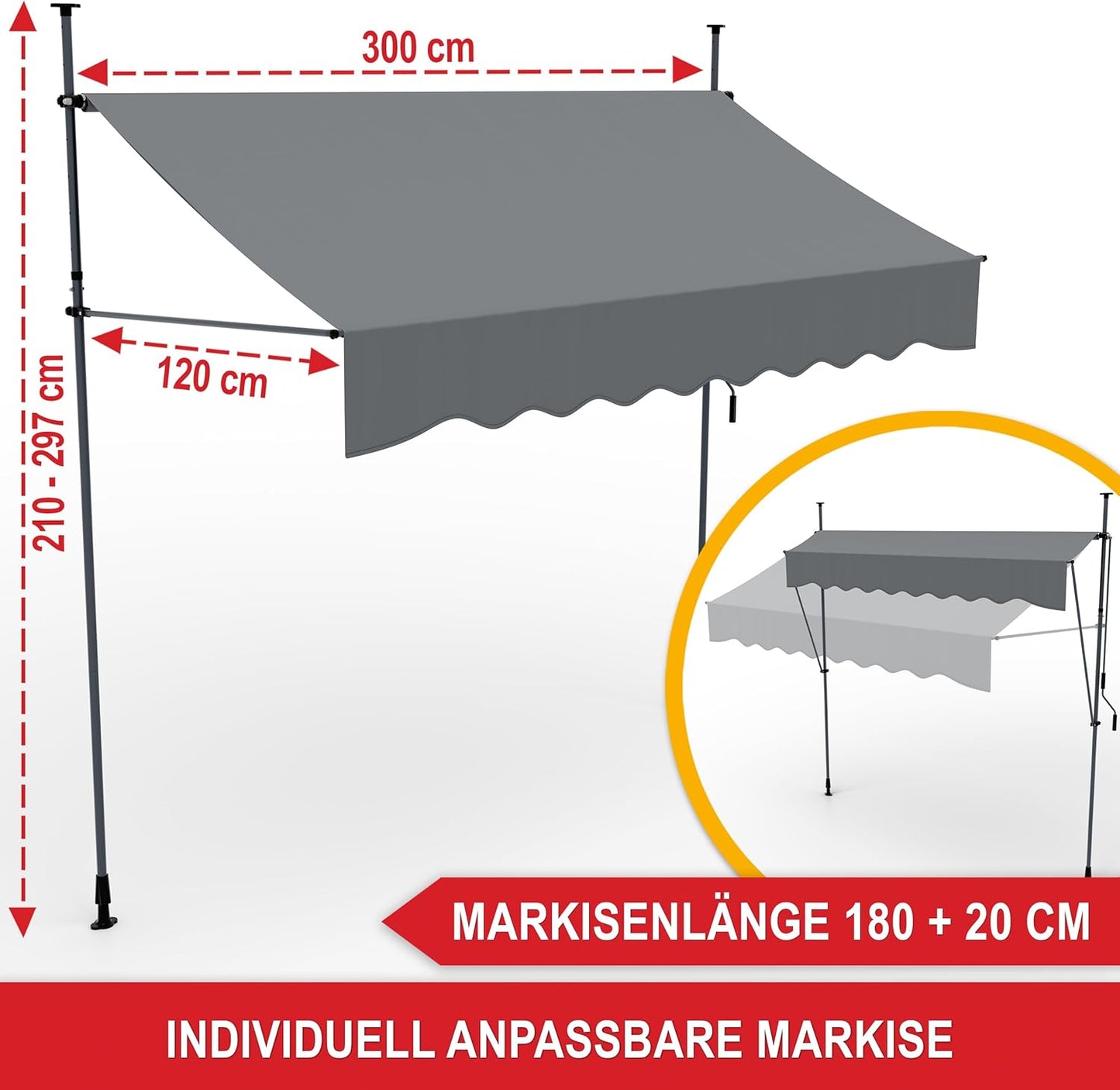 BITTE LESEN !!! Retourenware !! Balkonmarkise 3m x 1,2m Klemmmarkise aufrollbar Balkon Terrasse Sichtschutz Grau
