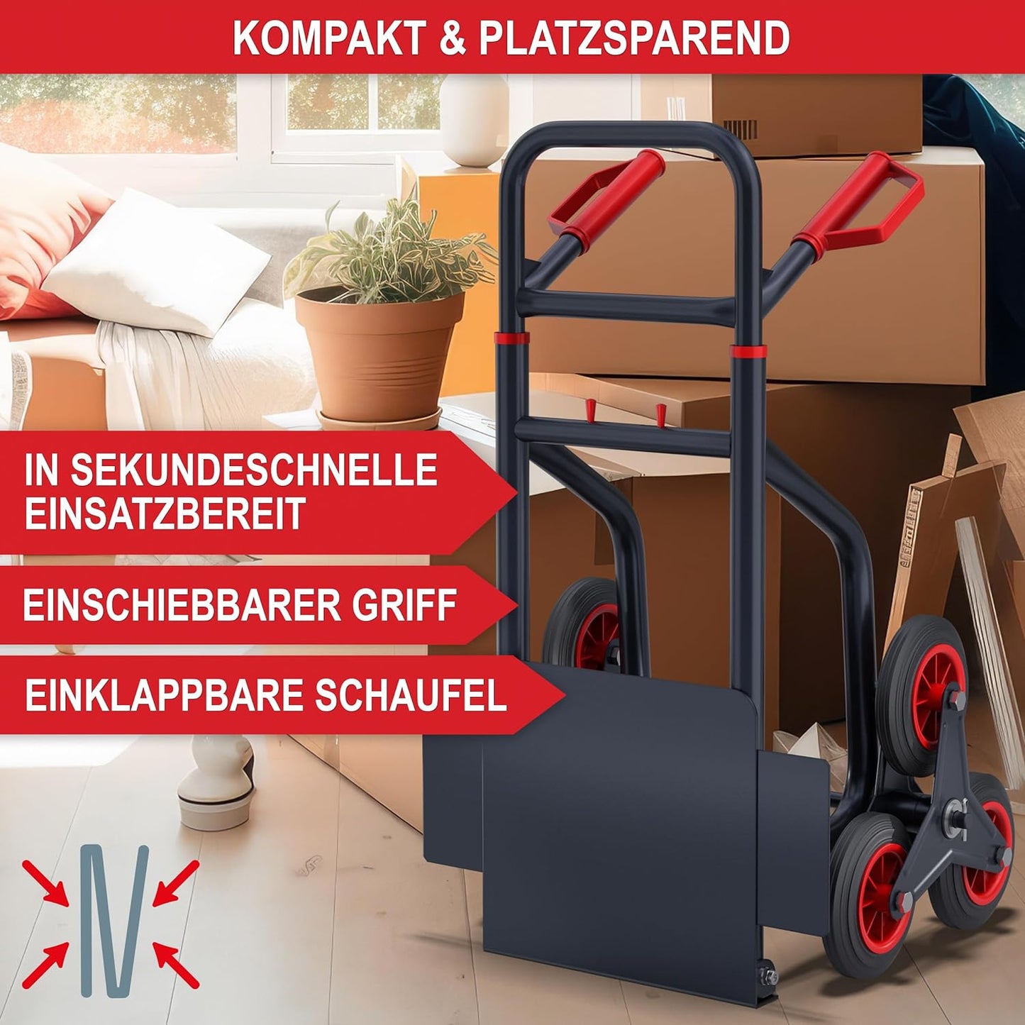 Treppensackkarre klappbar 200kg Tragkraft XL Schaufel 3-Fach Hartgummi Sackkarre