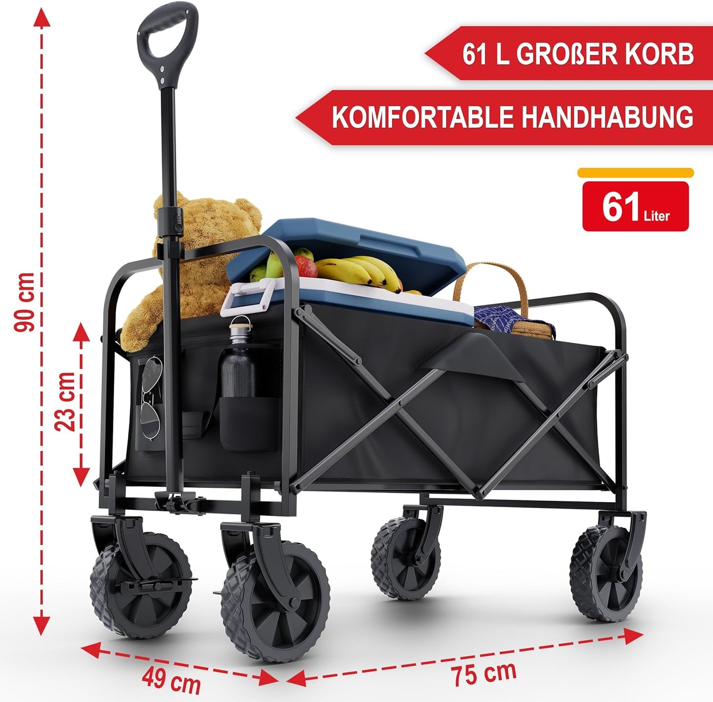 BITTE LESEN !!! Retourenware ! Bollerwagen Strandbollerwagen Faltbollerwagen Regenschutz 61 Liter klappbarer Schwarz