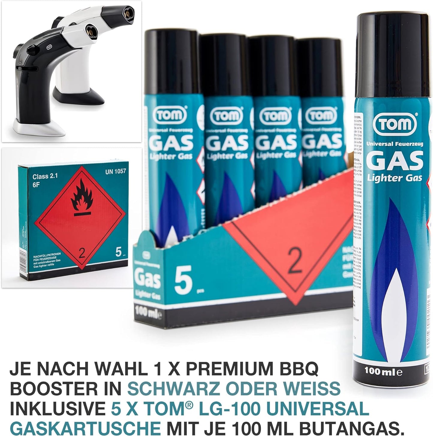 Flambierbrenner Set mit Doppel Jetflame und 5 x Butangas Kartuschen Weiss GB-800