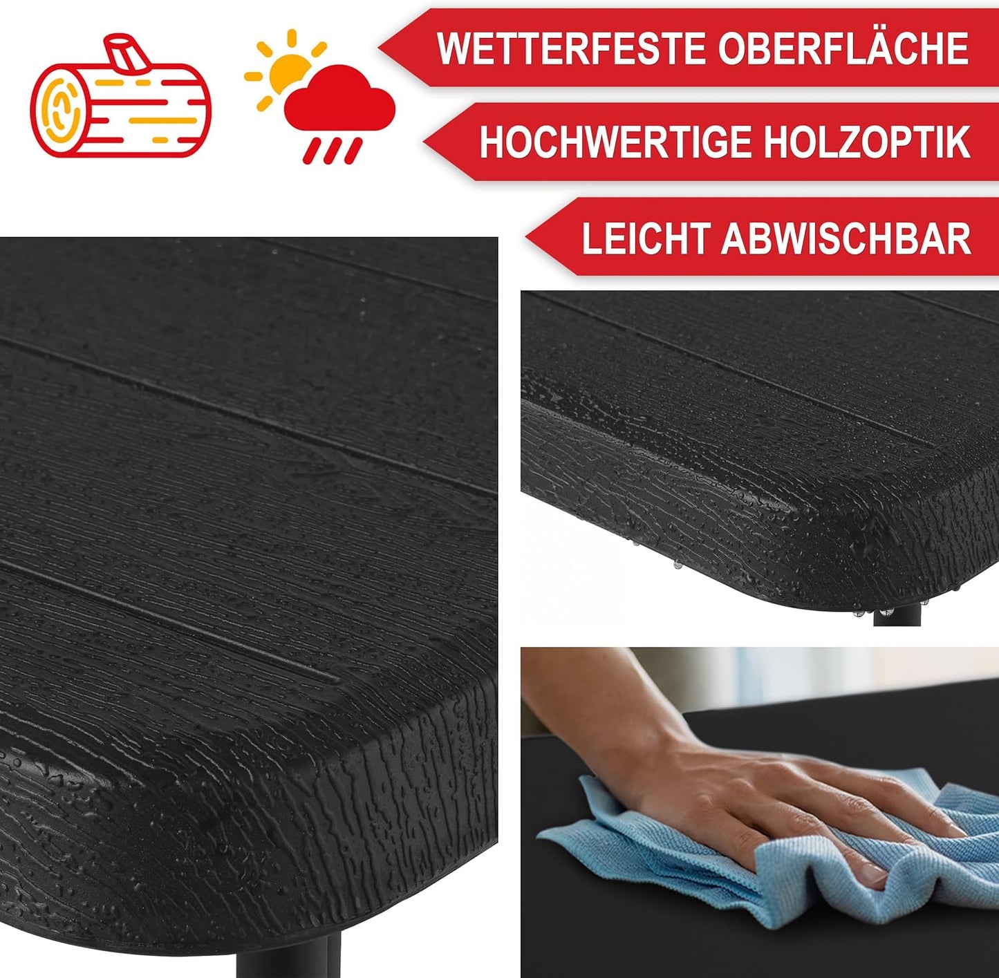 Balkontisch mit Holz Optik Kunststoff Balkon Garten Terrasse Campingtisch 61 x 74 x 61 cm (B x H x T) Schwarz