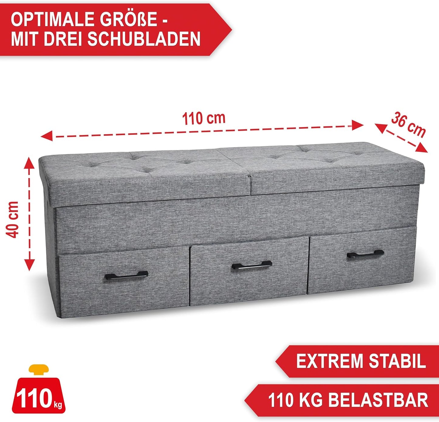 Sitzbank mit Stauraum » 3 Schubladen« Sitztruhe 36 cm Tiefe x 110 cm Breite x 40 cm Höhe