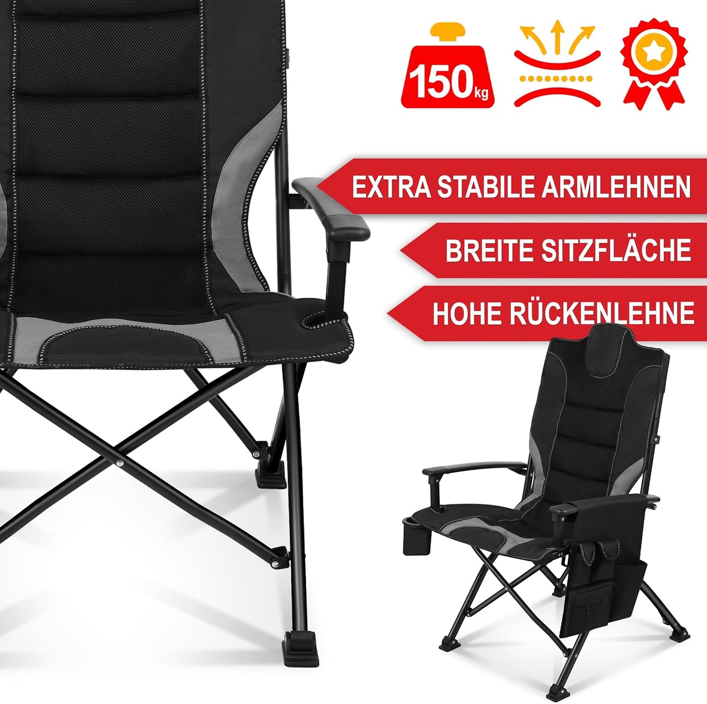 Klappstuhl Campingstuhl faltbar Camping Stuhl Hochlehner gepolstert Grau Schwarz