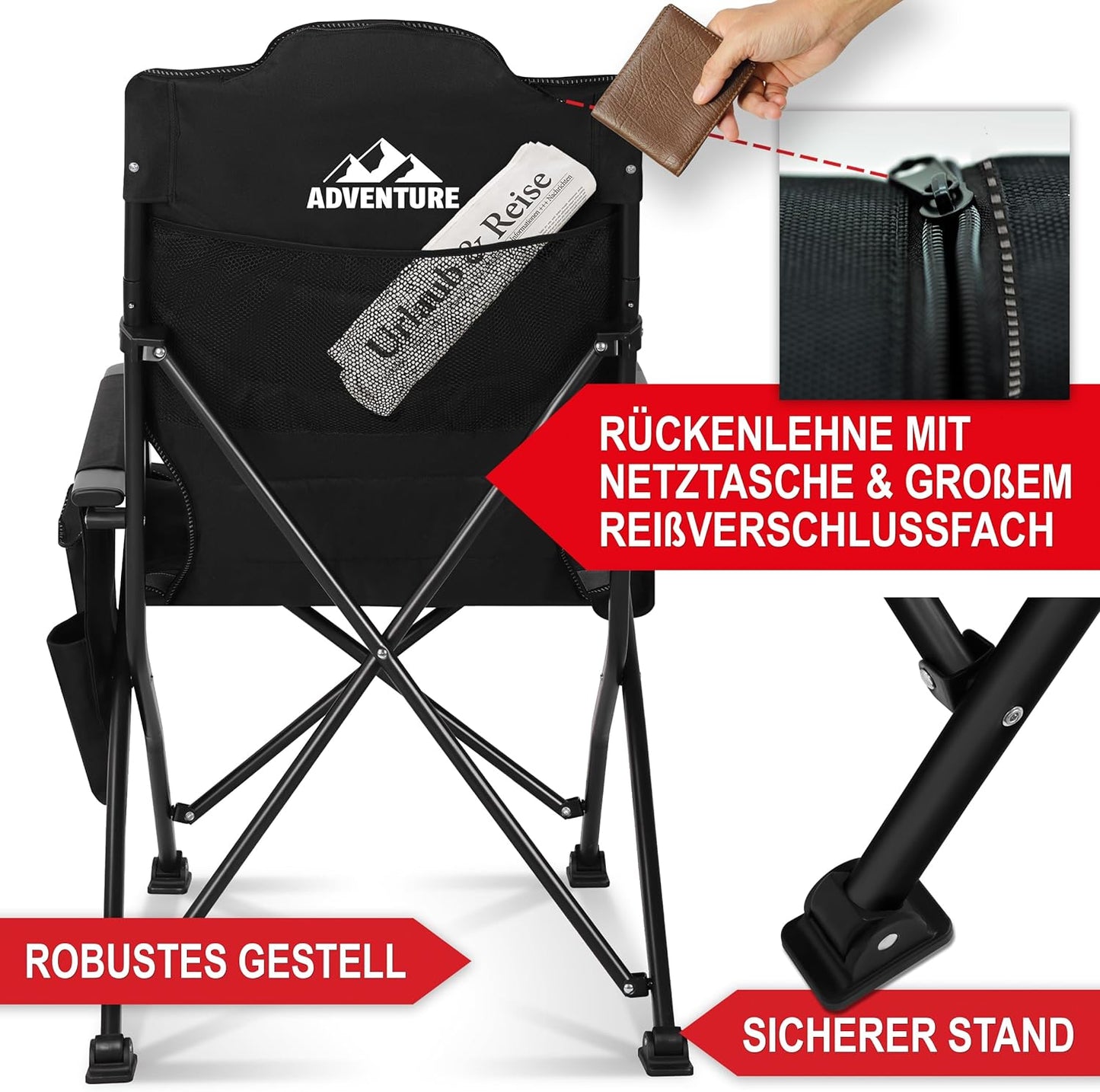 Klappstuhl Campingstuhl faltbar Camping Stuhl Hochlehner gepolstert Grau Schwarz
