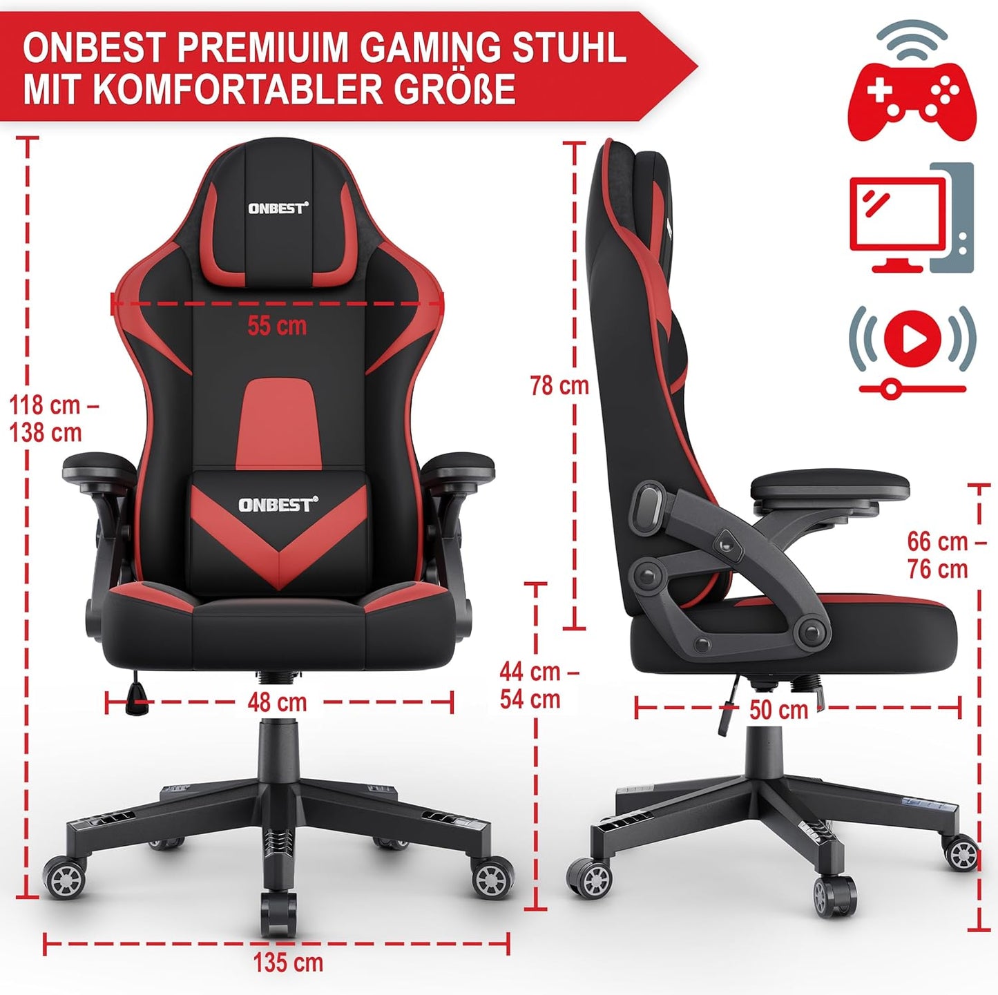Gaming Stuhl PC Stuhl Schreibtischstuhl Bürostuhl Schwarz Rot