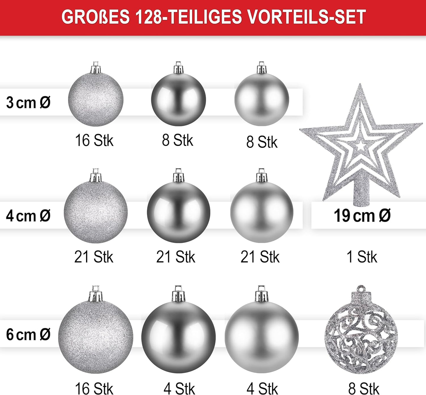 Weihnachtskugeln aus Kunststoff Christbaumschmuck Silber