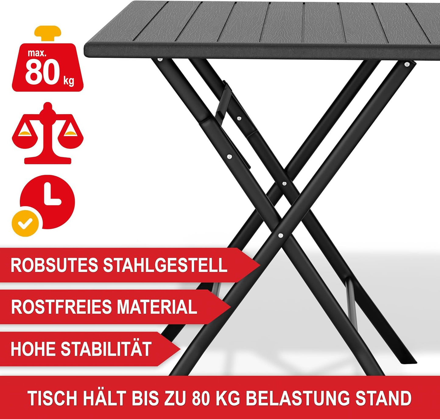 Balkontisch mit Holz Optik Kunststoff Balkon Garten Terrasse Campingtisch 61 x 74 x 61 cm (B x H x T) Schwarz