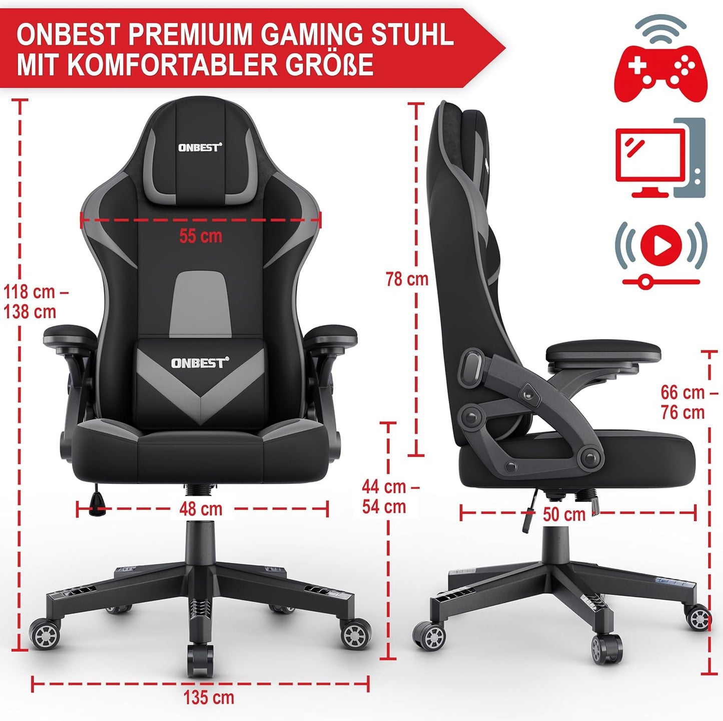 Bürostuhl Gaming Stuhl PC Stuhl Schreibtischstuhl Bürostuhl Schwarz Grau
