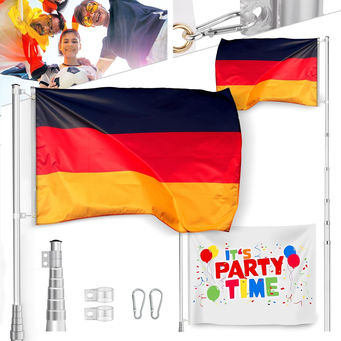 Fahnenmast Flaggenmast Teleskopstange höhenverstellbar Garten Balkon Deutschland Flagge + Party Flagge