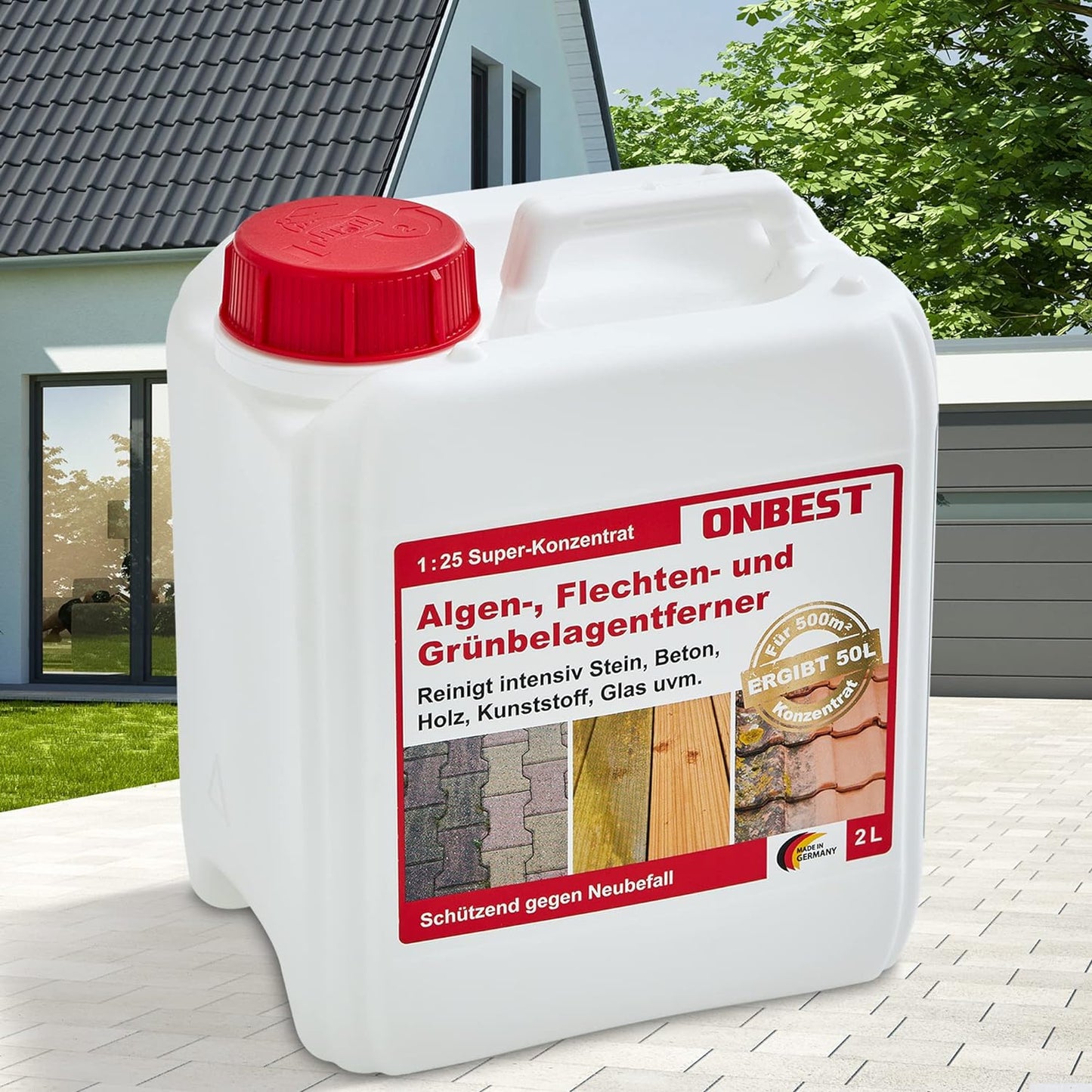 2 Liter Grünbelagentferner 1:25 Konzentrat Grünbelag Algen Stein, Holz, Dachziegel Terrasse, Markise, Pflasterstein | Made in Germany