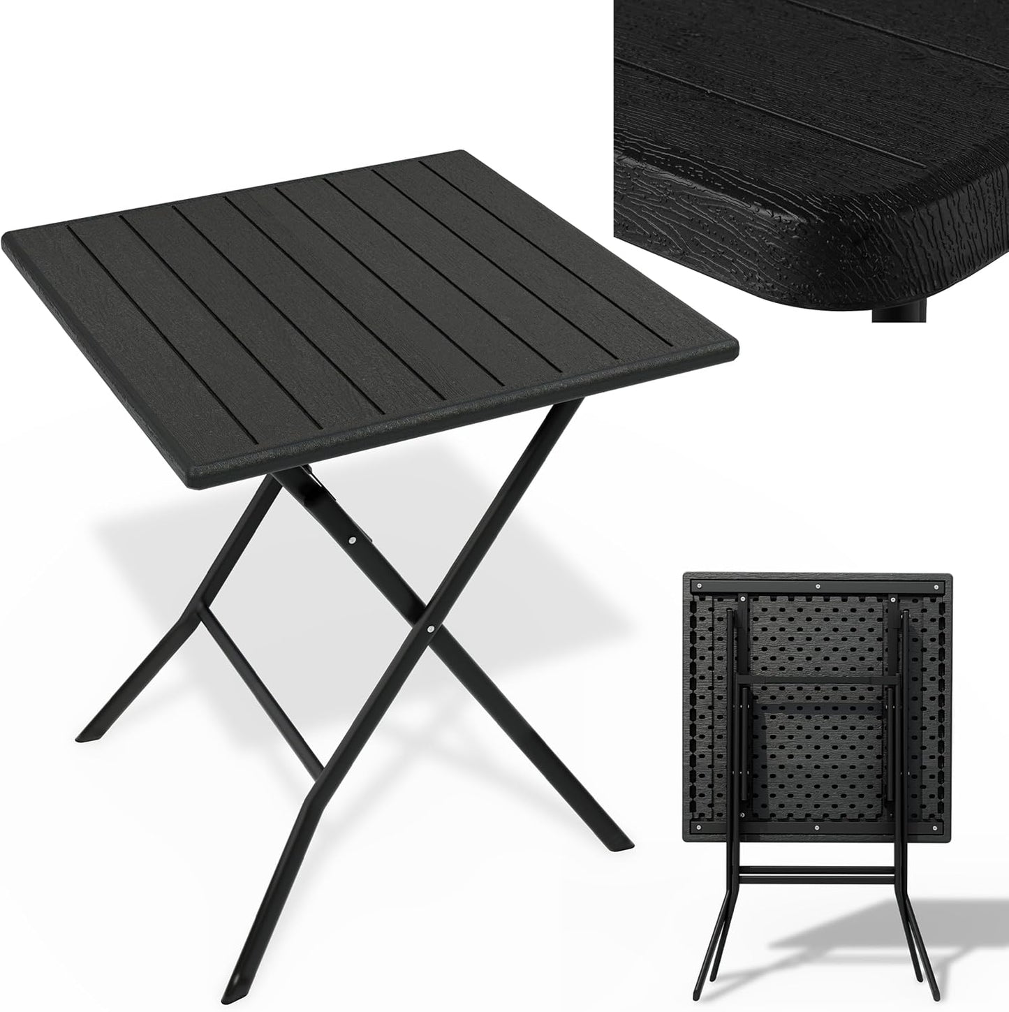 Balkontisch mit Holz Optik Kunststoff Balkon Garten Terrasse Campingtisch 61 x 74 x 61 cm (B x H x T) Schwarz