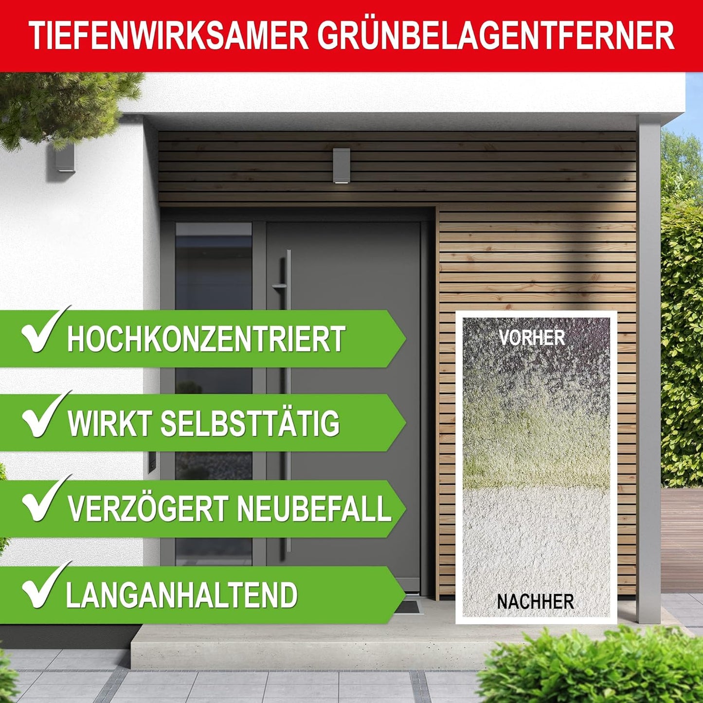 2 Liter Grünbelagentferner 1:25 Konzentrat Grünbelag Algen Stein, Holz, Dachziegel Terrasse, Markise, Pflasterstein | Made in Germany