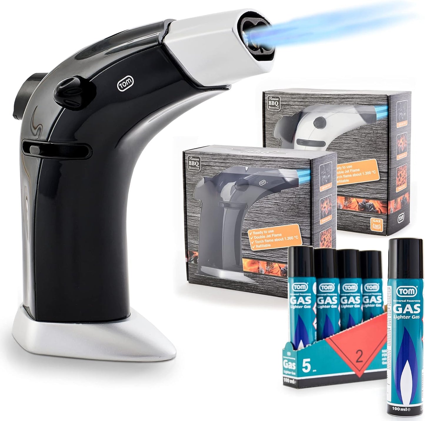 Flambierbrenner Set mit Doppel Jetflame und 5 x Butangas Kartuschen Schwarz GB-800
