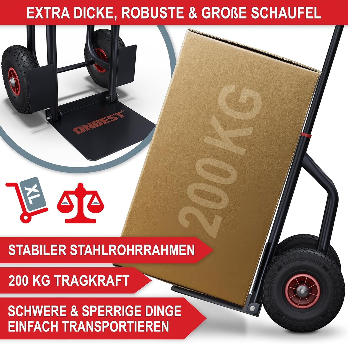 Sackkarre klappbar 200kg Tragkraft luftbefüllte Reifen Lastenkarre Transportkarre