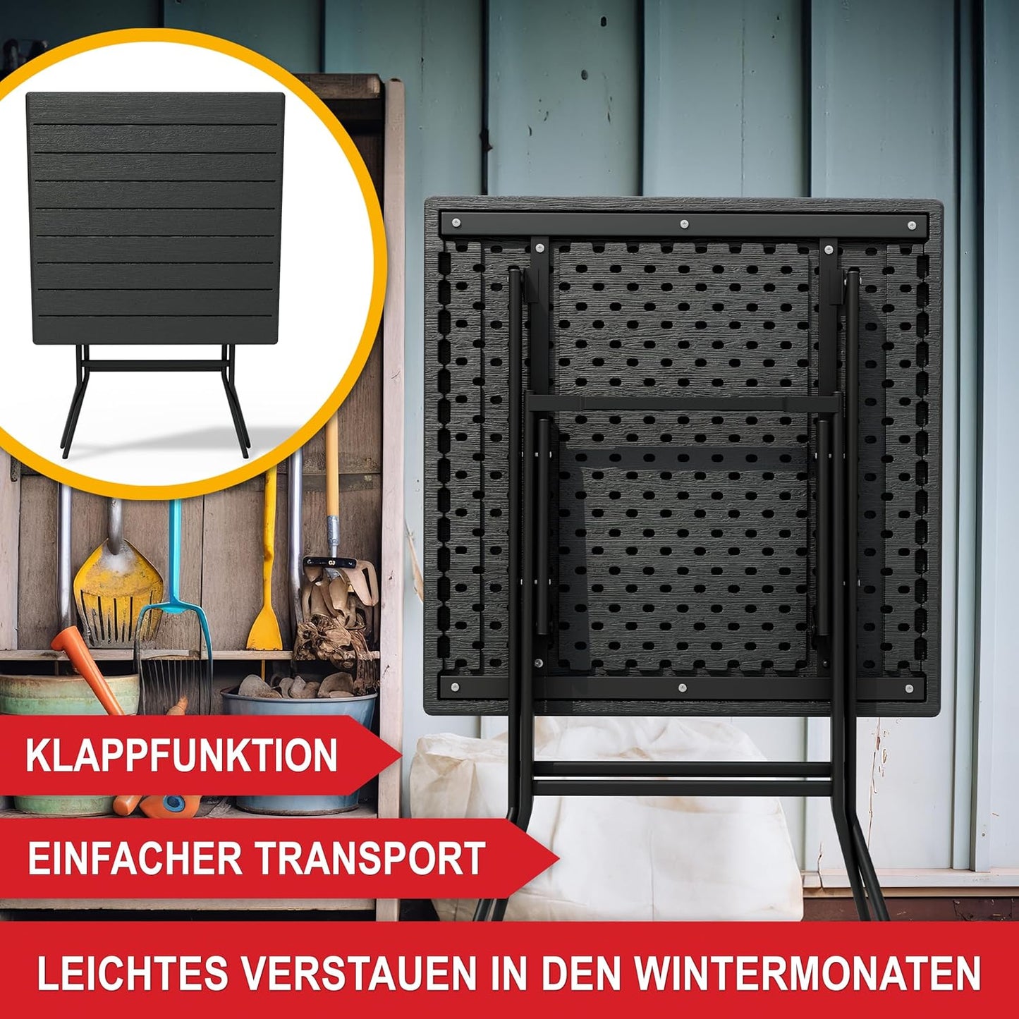 Balkontisch mit Holz Optik Kunststoff Balkon Garten Terrasse Campingtisch 61 x 74 x 61 cm (B x H x T) Schwarz