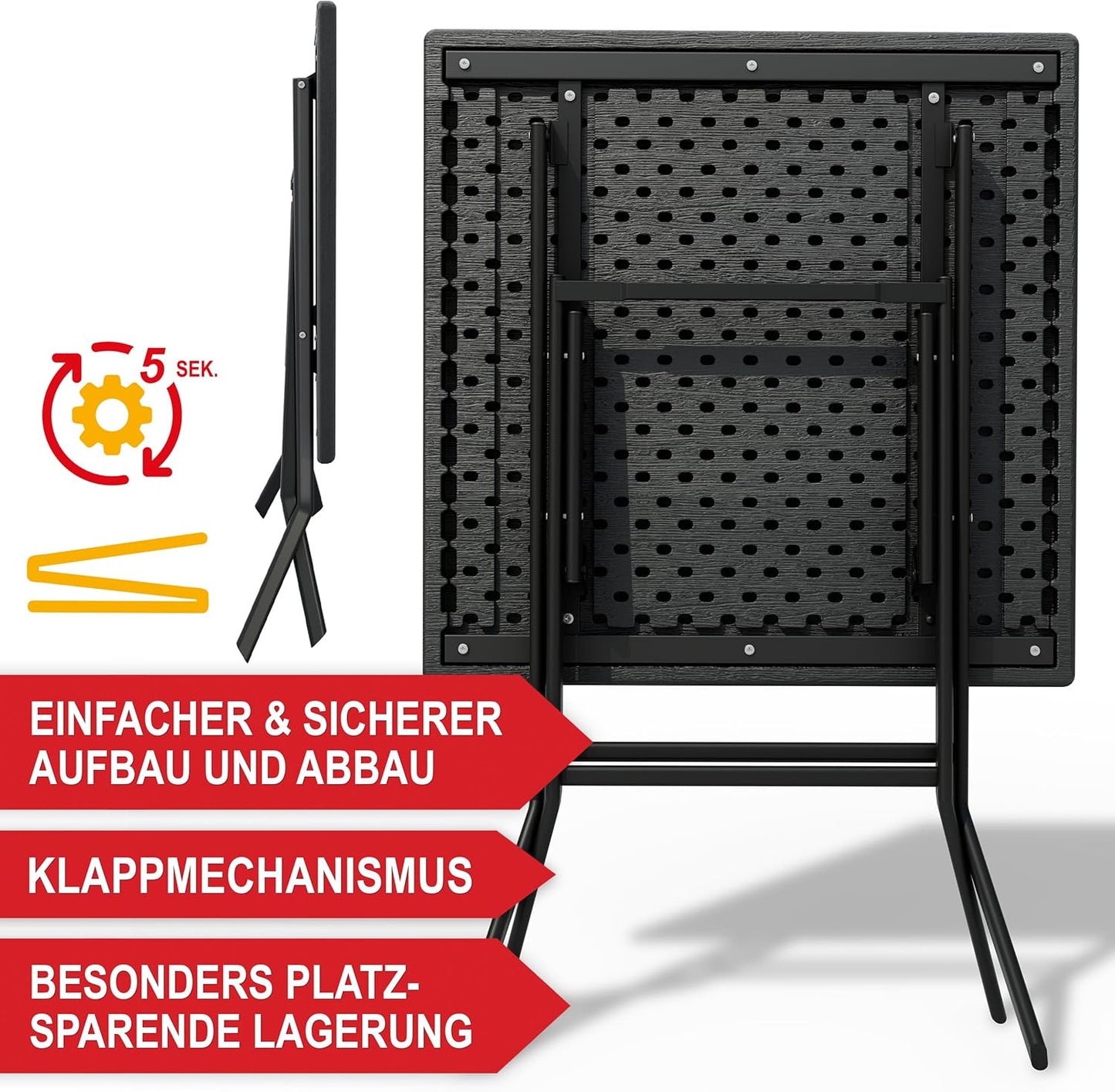 Balkontisch mit Holz Optik Kunststoff Balkon Garten Terrasse Campingtisch 61 x 74 x 61 cm (B x H x T) Schwarz