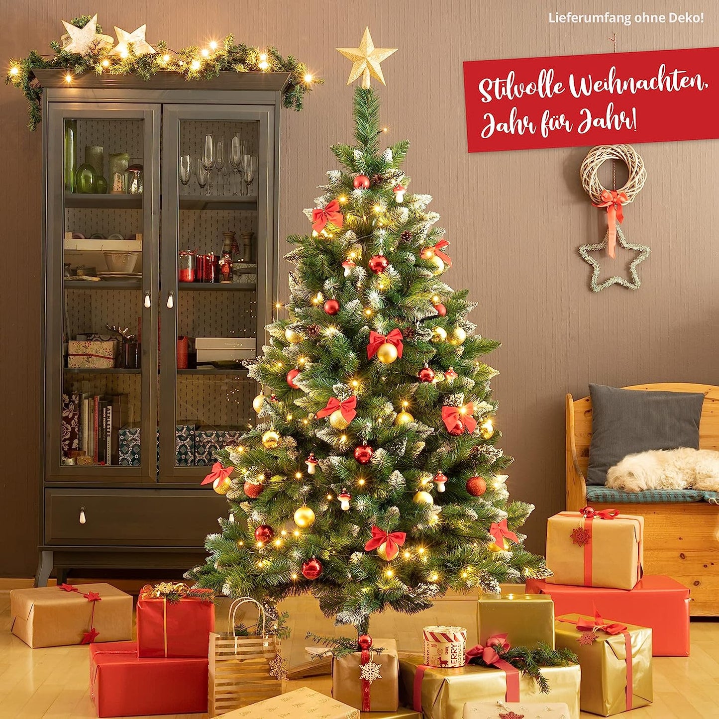 Künstlicher Weihnachtsbaum Nadeln mit Deko Schnee & echten Tannen Zapfen 220cm 04