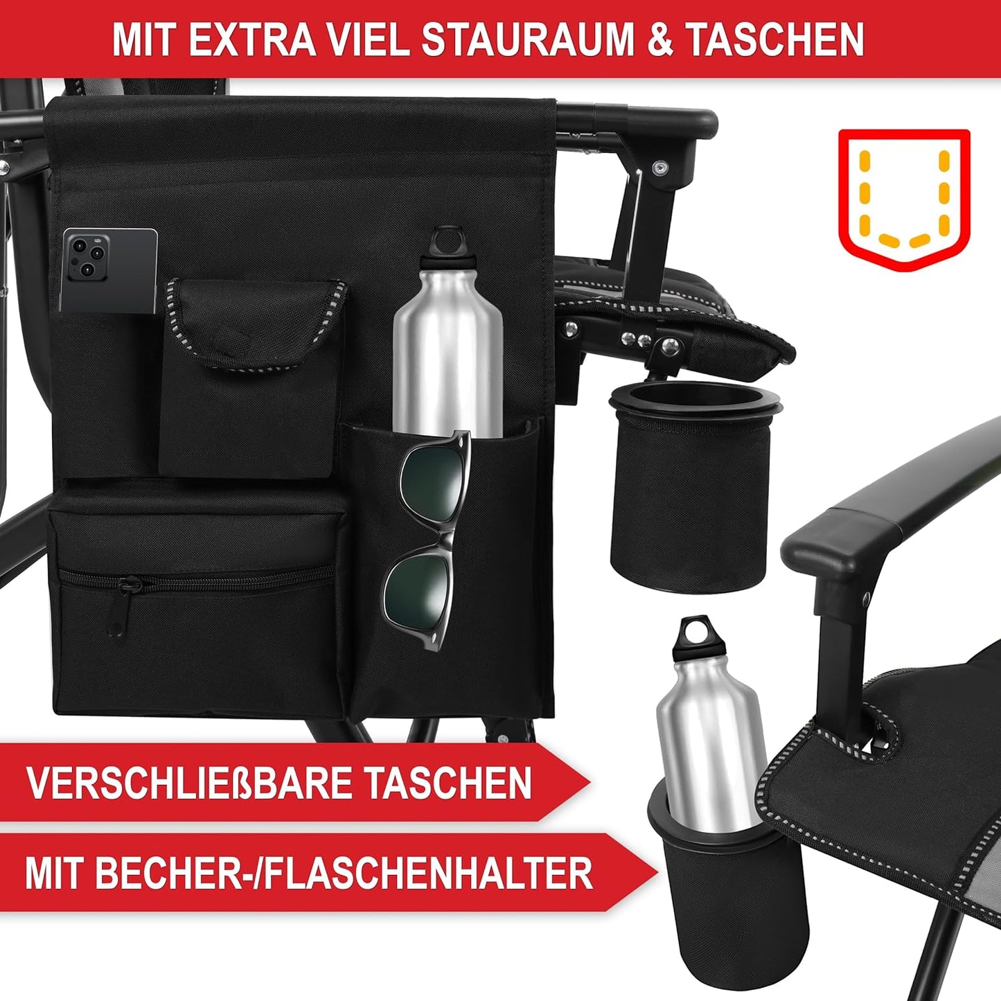 Klappstuhl Campingstuhl faltbar Camping Stuhl Hochlehner gepolstert Grau Schwarz