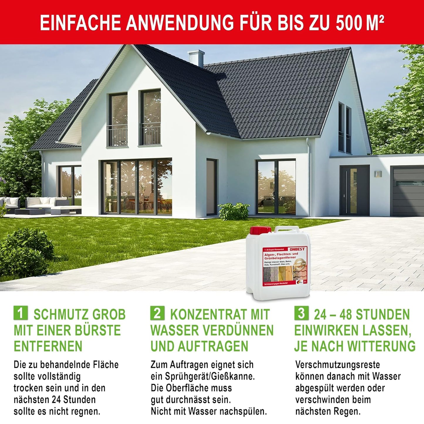 2 Liter Grünbelagentferner 1:25 Konzentrat Grünbelag Algen Stein, Holz, Dachziegel Terrasse, Markise, Pflasterstein | Made in Germany