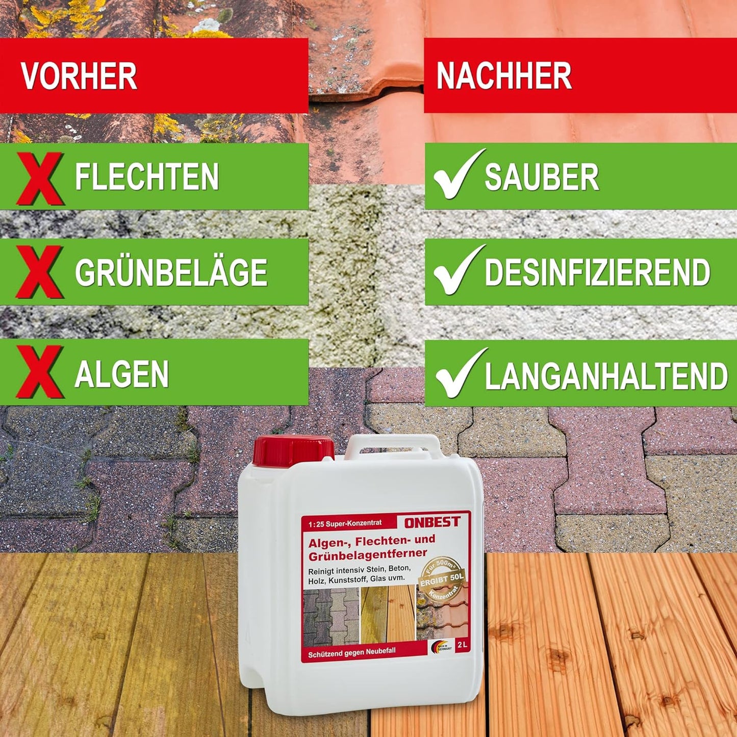 2 Liter Grünbelagentferner 1:25 Konzentrat Grünbelag Algen Stein, Holz, Dachziegel Terrasse, Markise, Pflasterstein | Made in Germany