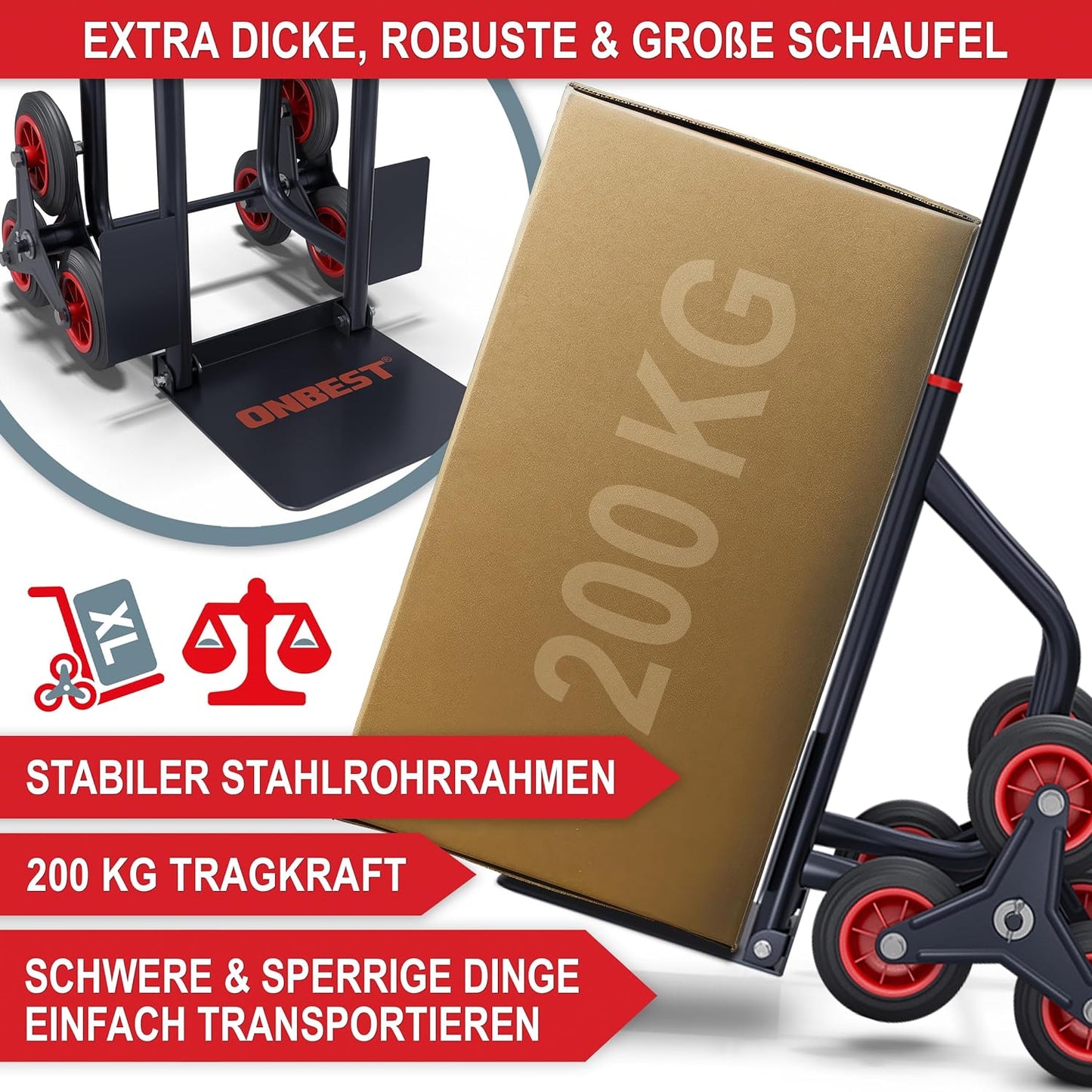 Treppensackkarre klappbar 200kg Tragkraft XL Schaufel 3-Fach Hartgummi Sackkarre