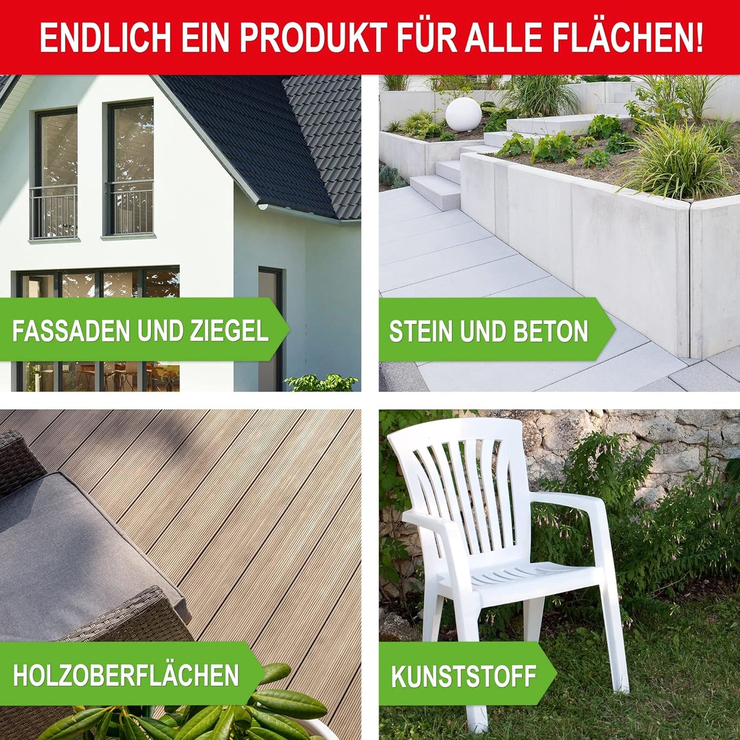 2 Liter Grünbelagentferner 1:25 Konzentrat Grünbelag Algen Stein, Holz, Dachziegel Terrasse, Markise, Pflasterstein | Made in Germany