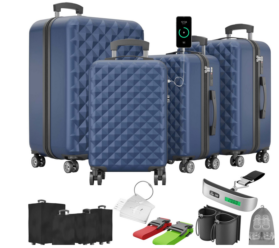 Hartschalenkoffer Kofferset Reisetrolley Hand Koffer Dunkel Blau 4-teilig
