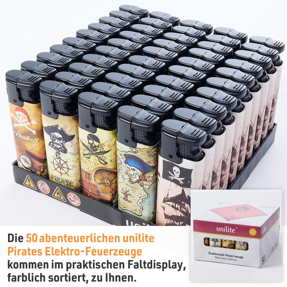 Elektro Feuerzeuge 50 Stück im Set Gasfeuerzeug Piraten Nachfüllbar