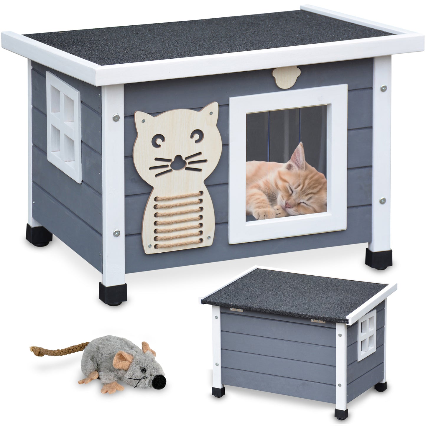 !! Bitte Lesen !! Retourenware ! Katzenvilla Katzenhütte Katzenhaus Katzenbox Katzenhöhle Grau Weiss 53 x 43 x 39 cm (B x H x T) Dach: 60 x 45 cm !!