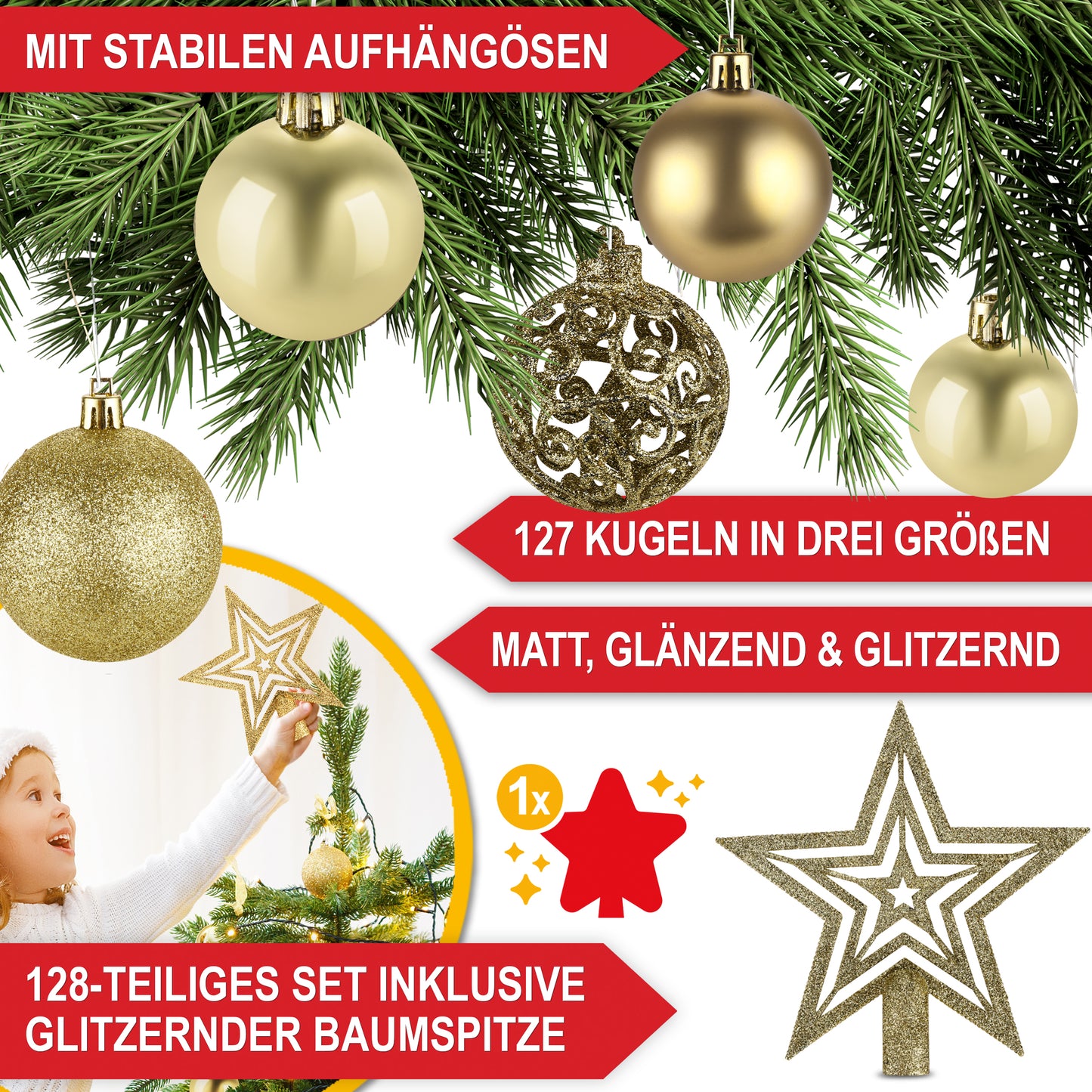 Weihnachtskugeln aus Kunststoff Christbaumschmuck Gold