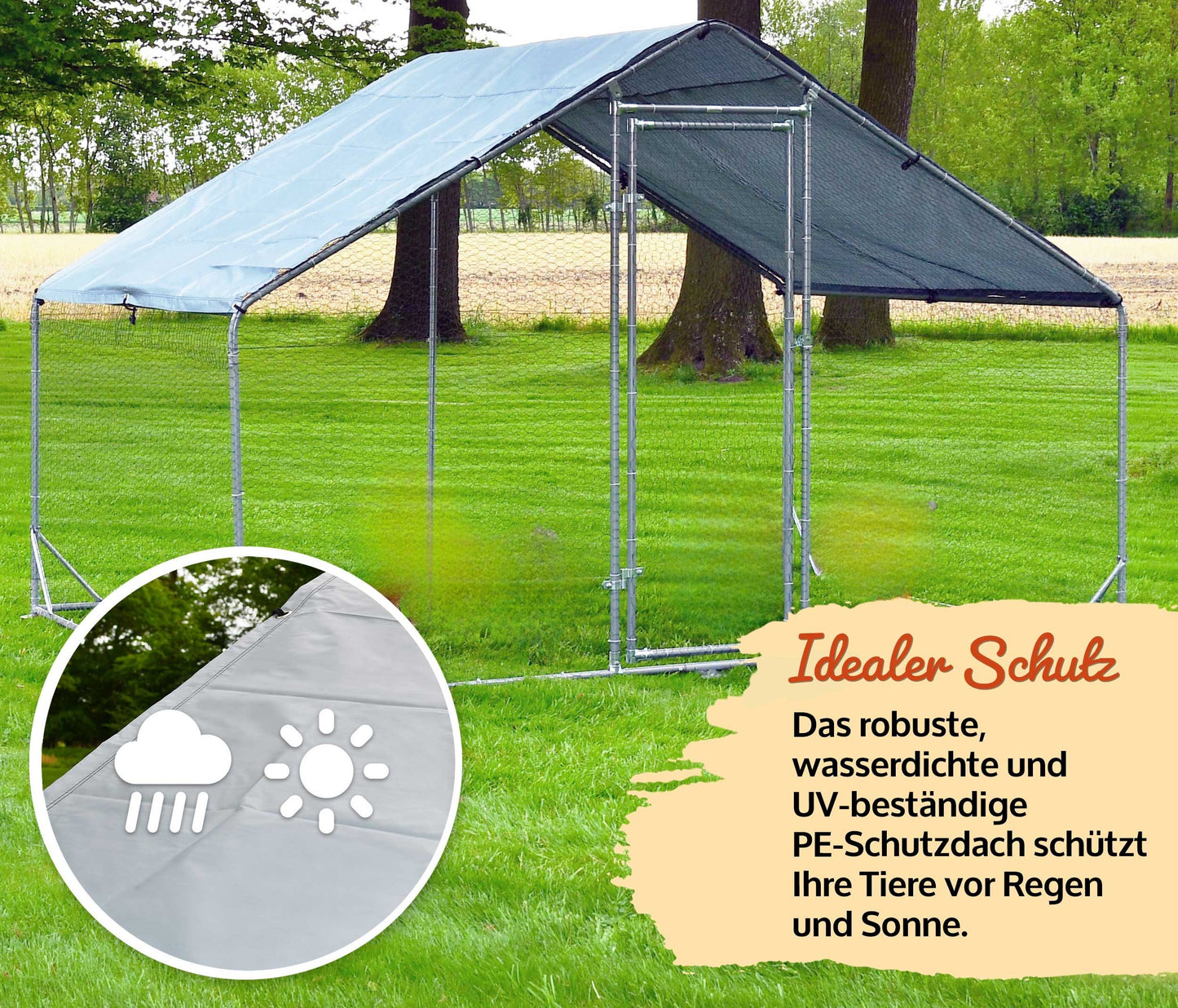 Hühnerstall Außengehege Auslauf Freilaufgehege aus Metall mit Sonnendach Regenschutz 200x200x195cm