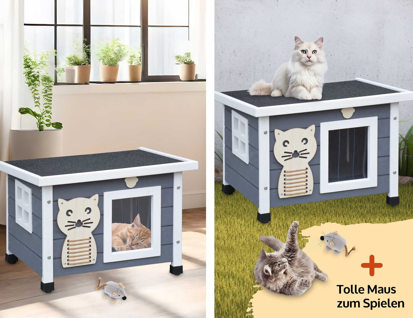 !! Bitte Lesen !! Retourenware ! Katzenvilla Katzenhütte Katzenhaus Katzenbox Katzenhöhle Grau Weiss 53 x 43 x 39 cm (B x H x T) Dach: 60 x 45 cm !!