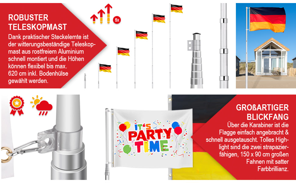 Fahnenmast Flaggenmast Teleskopstange höhenverstellbar Garten Balkon Deutschland Flagge + Party Flagge