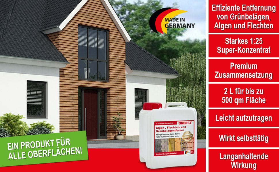 2 Liter Grünbelagentferner 1:25 Konzentrat Grünbelag Algen Stein, Holz, Dachziegel Terrasse, Markise, Pflasterstein | Made in Germany