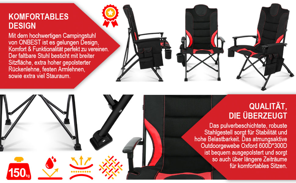 BITTE LESEN !!! Retourenware! Campingstuhl faltbar Klappstuhl Camping Stuhl Hochlehner gepolstert Schwarz Rot