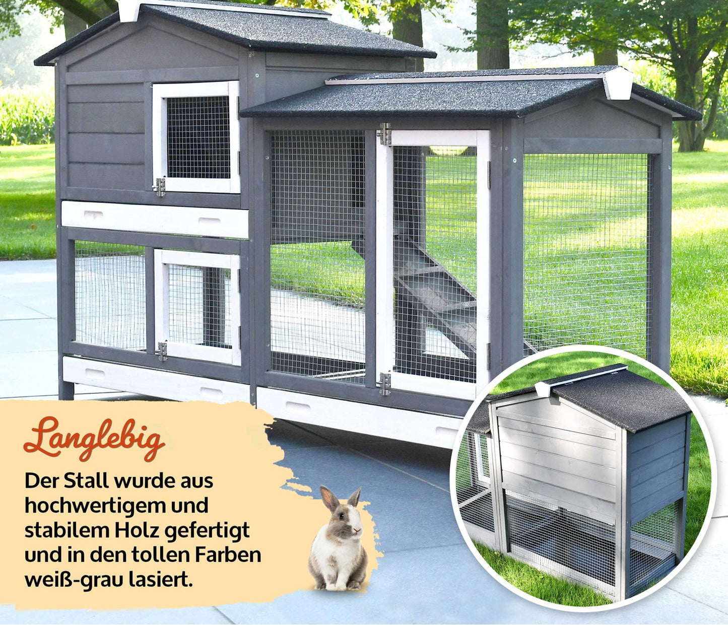 Hasenstall Kaninchenstall Meerschweinchenstall Rudy grau|weiss 3 Schubladen Kunststoffeinsatz