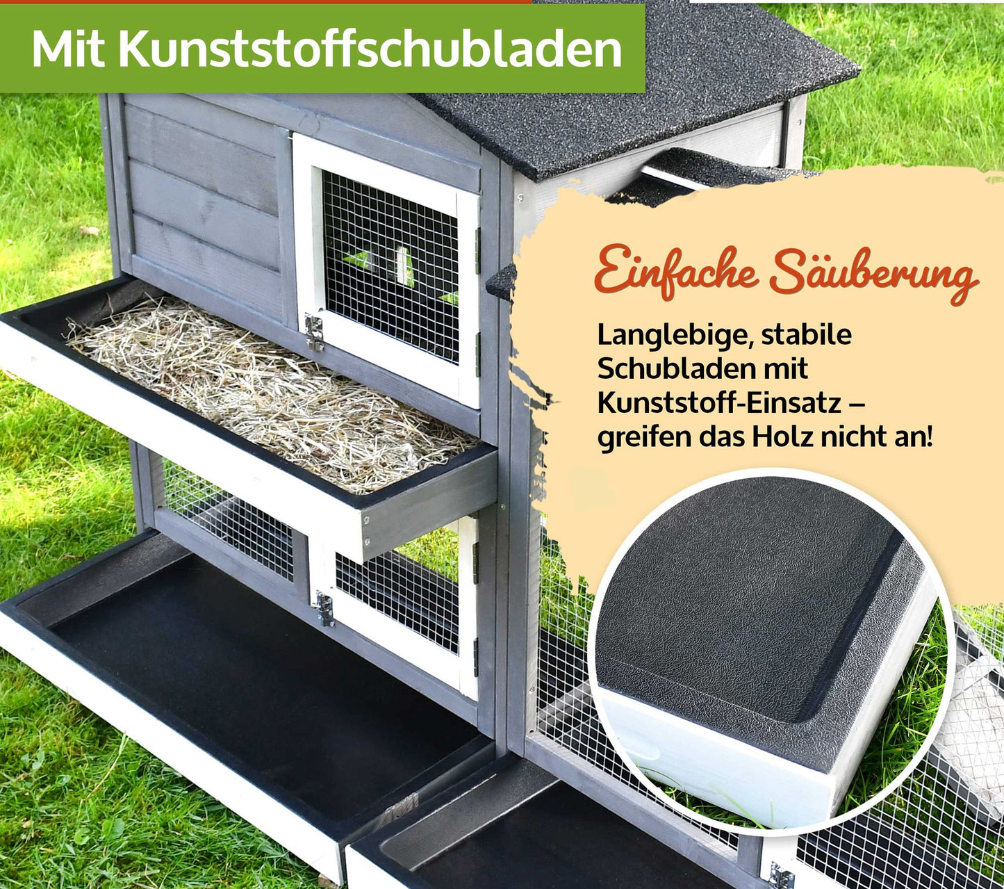 Hasenstall Kaninchenstall Meerschweinchenstall Rudy grau|weiss 3 Schubladen Kunststoffeinsatz