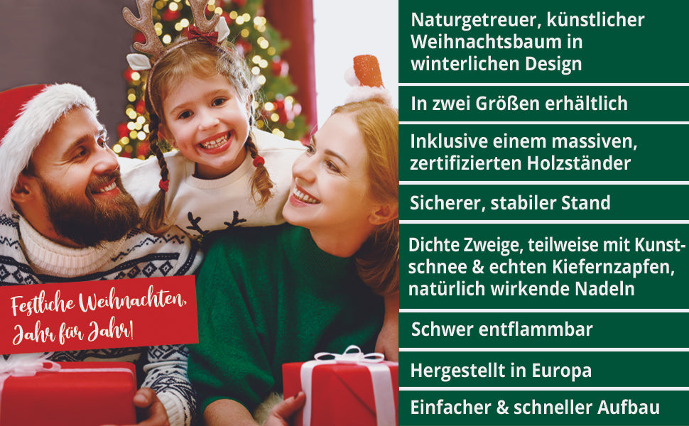 Künstlicher Weihnachtsbaum Nadeln mit Deko Schnee & echten Tannen Zapfen 180cm 03