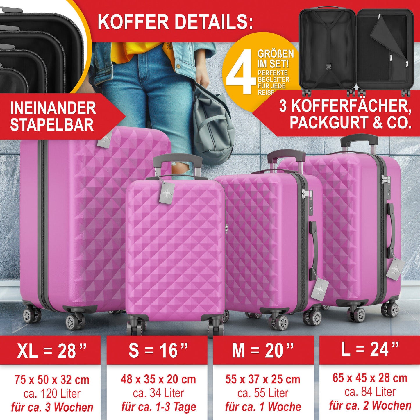 Hartschalenkoffer Kofferset Reisetrolley Hand Koffer 4-teiliges Kofferset PINK