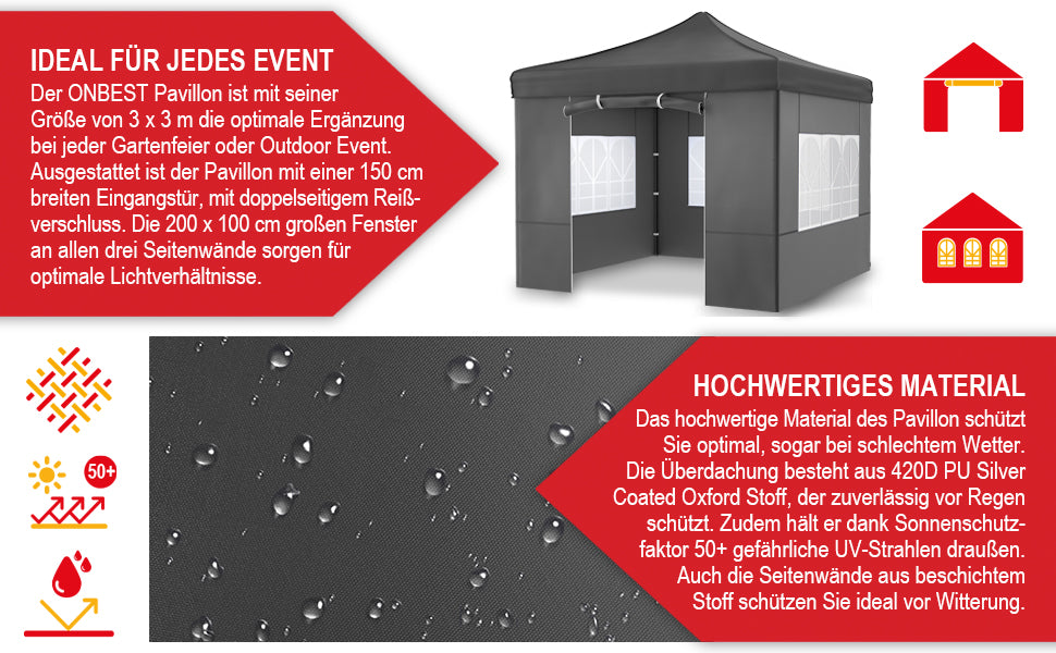 Partyzelt Pavillon Grau Garten 3 x 3 Meter