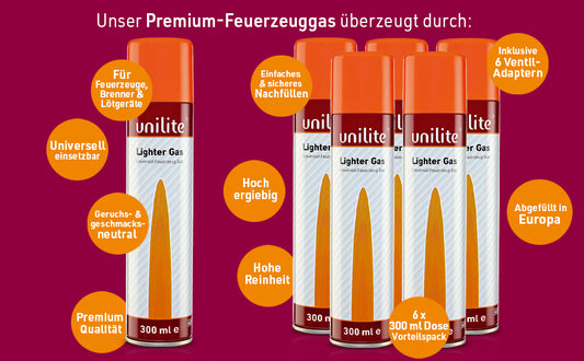 6 Dosen LG-300 UNILITE Feuerzeug Gas