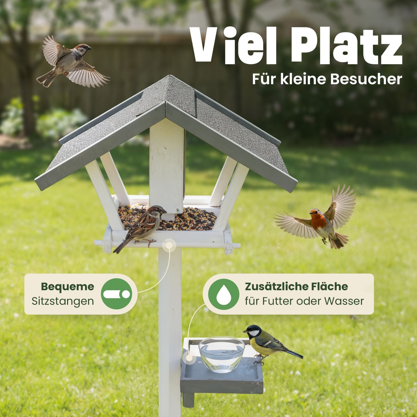 Vogelhaus Futterstation Futterhaus mit Ständer Tower Grau Weiss