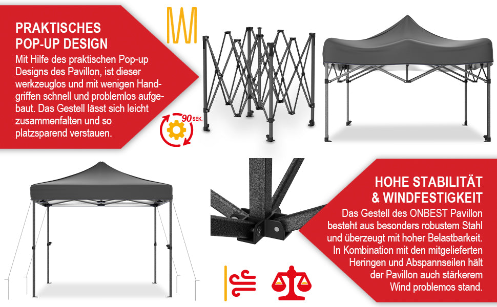 Partyzelt Pavillon Grau Garten 3 x 3 Meter
