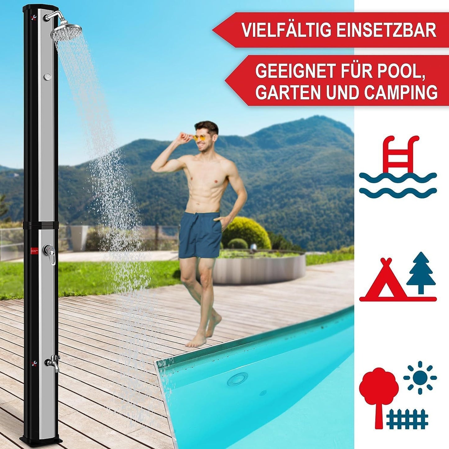 BITTE LESEN !!! Retourenware ! Solar Solardusche Dusche 35 Liter Solardsuche Garten mit Regenschutz Schwarz Silber